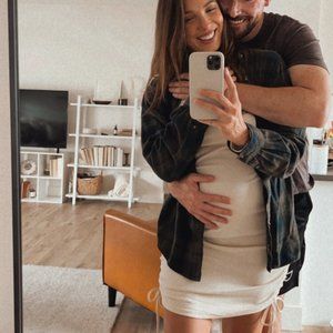 long sleeve beige body con dress